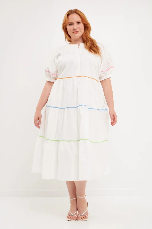 English Factory - Plus Size Short Puff Sleeve Dress Piping Detail