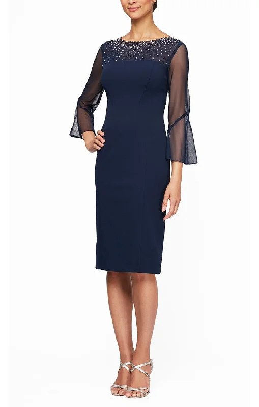 Sheath Crepe Dress with Embellished  Illusion Mesh Neckline and Bell Sleeves