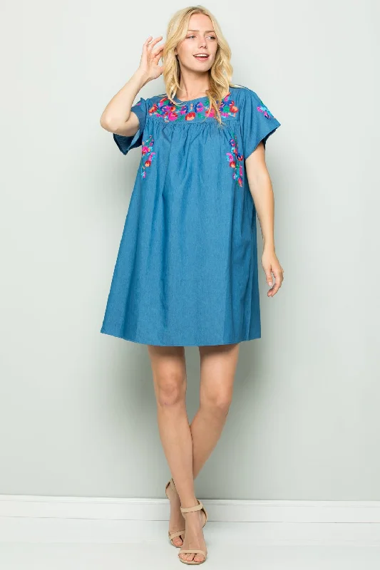 Take It Easy Embroidered Dress, Chambray