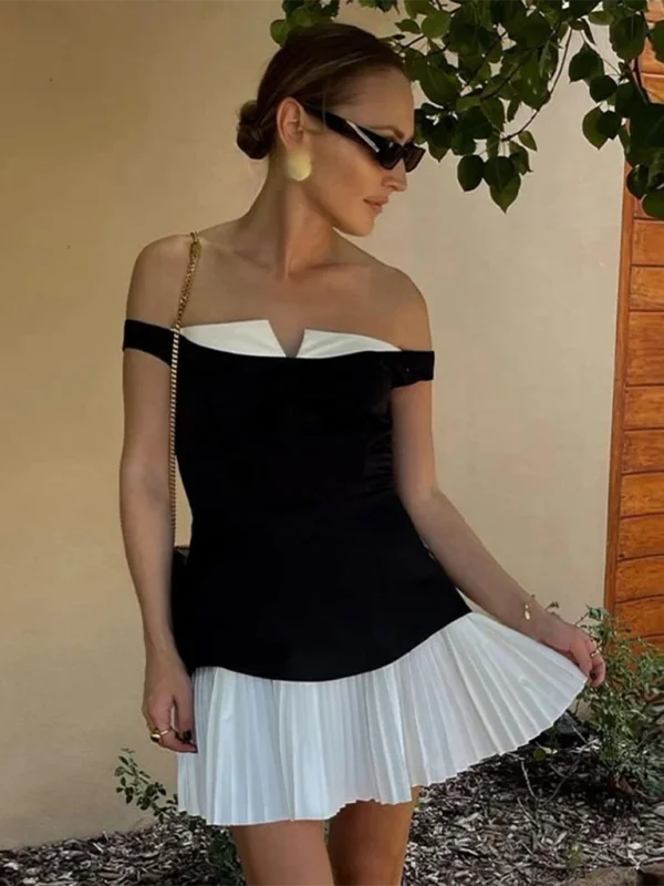 Blue Zone Planet | Bella's Elegant Spliced Off-Shoulder Sleeveless Pleated Mini Dress Stylish Short-Sleeve Mini Dress Blue Zone Planet | Bella's Elegant Spliced Off-Shoulder Sleeveless Pleated Mini Dress Stylish Short-Sleeve Mini Dress