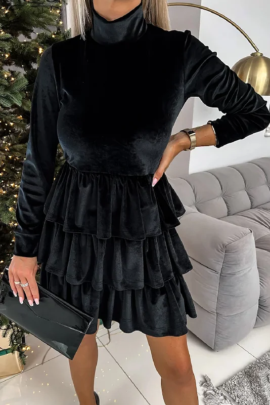 Blue Zone Planet | Black Velvet High Neck Tiered Ruffle Mini Dress Trendy Off-Shoulder Dress Mini Blue Zone Planet | Black Velvet High Neck Tiered Ruffle Mini Dress Trendy Off-Shoulder Dress Mini