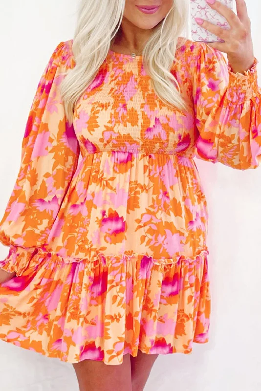 Blue Zone Planet | Orange Abstract Print Smocked Lantern Sleeve Ruffle Mini Dress Cozy Wraparound Mini Dress Blue Zone Planet | Orange Abstract Print Smocked Lantern Sleeve Ruffle Mini Dress Cozy Wraparound Mini Dress