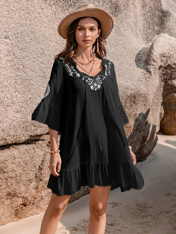 Blue Zone Planet | Printed Tie Neck Flounce Sleeve Mini Dress Cozy Long Sleeve Mini Dress Blue Zone Planet | Printed Tie Neck Flounce Sleeve Mini Dress Cozy Long Sleeve Mini Dress