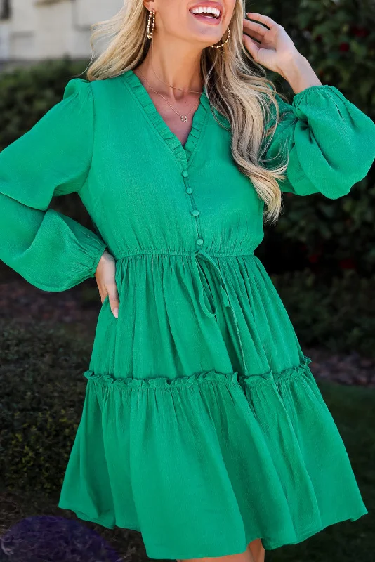 Blue Zone Planet | Sea Green Frilly V Neck Puff Sleeve Drawstring Shift Mini Dress Stylish Short Sleeve Mini Dress Blue Zone Planet | Sea Green Frilly V Neck Puff Sleeve Drawstring Shift Mini Dress Stylish Short Sleeve Mini Dress