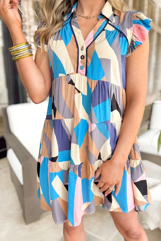 Blue Zone Planet | Sky Blue Geometric Print Ruffled Cap Sleeve Collared Mini Dress Cozy Sweater Mini Dress Blue Zone Planet | Sky Blue Geometric Print Ruffled Cap Sleeve Collared Mini Dress Cozy Sweater Mini Dress