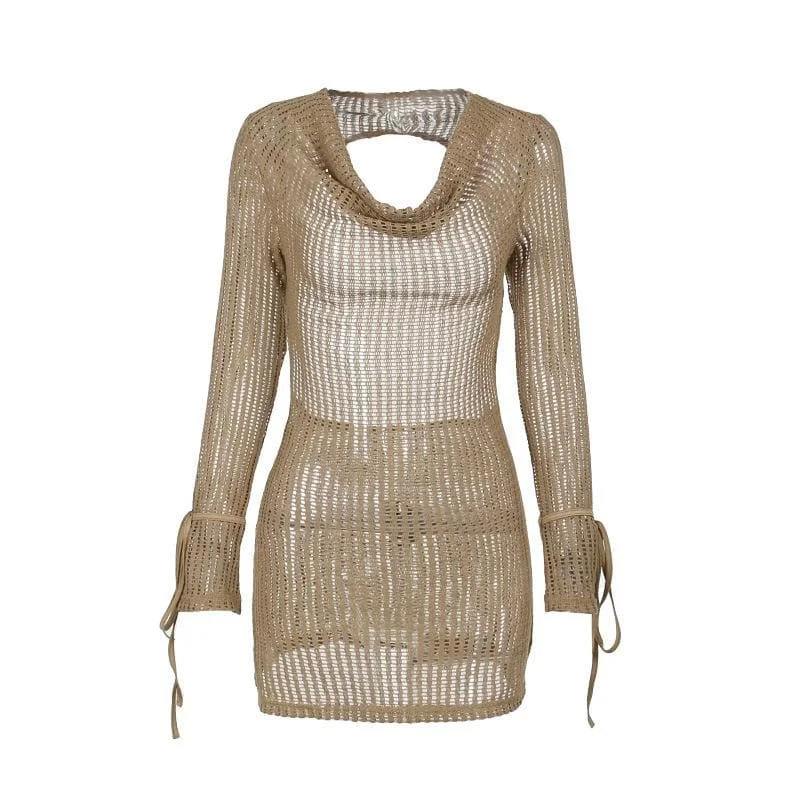Crochet see through cowl neck long sleeve hollow out cut out mini dress Comfortable Zip-Up Mini Dress Crochet see through cowl neck long sleeve hollow out cut out mini dress Comfortable Zip-Up Mini Dress