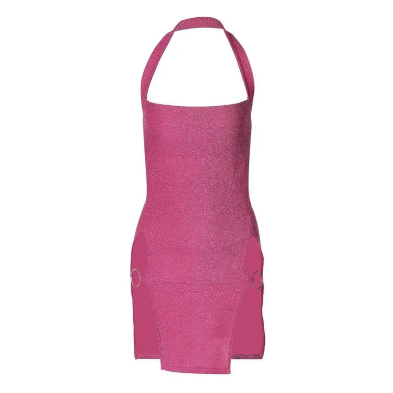 Halter o ring high slit glitter backless solid mini dress Casual Button-Up Mini Dress Halter o ring high slit glitter backless solid mini dress Casual Button-Up Mini Dress