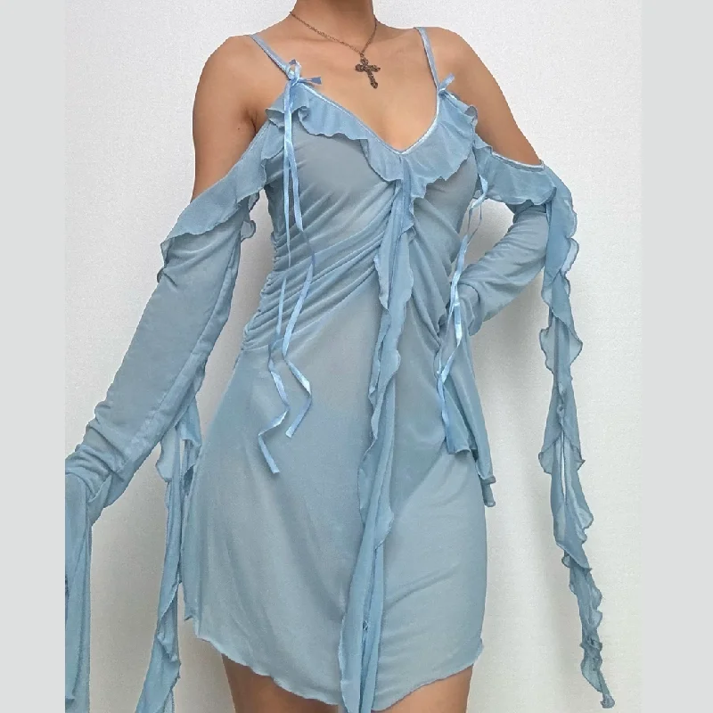 Long flared sleeve Off shoulder sheer mesh ruffle mini dress Chic Tropical Mini Dress Long flared sleeve Off shoulder sheer mesh ruffle mini dress Chic Tropical Mini Dress