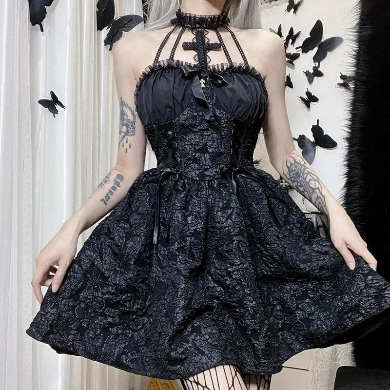 Textured cross applique ruffle halter zip-up lace up mini dress | victorian gothic dresses Classic Floral Print Mini Dress Textured cross applique ruffle halter zip-up lace up mini dress | victorian gothic dresses Classic Floral Print Mini Dress
