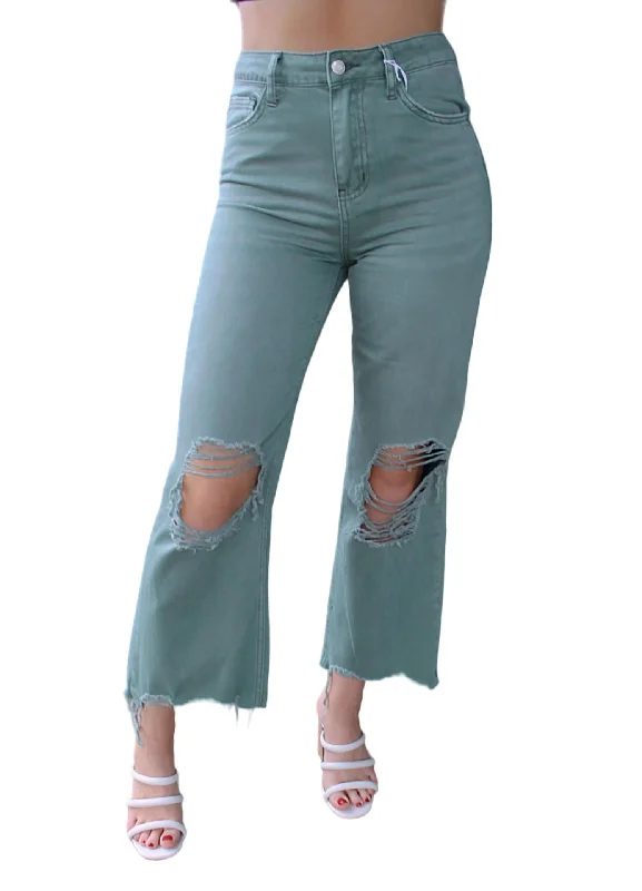 90's Vintage Crop Flare Jean In Green Comfortable Zip-Fly Denim Jeans