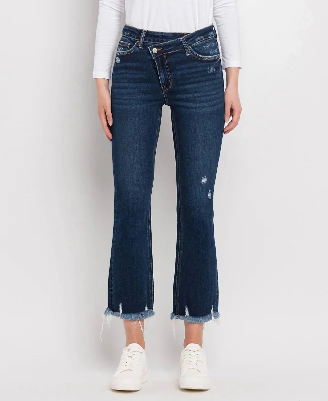 Bella High Rise Crossover Waist Kick Flare Jeans In Dark Wash Fashionable Frayed Hem Denim Bella High Rise Crossover Waist Kick Flare Jeans In Dark Wash Fashionable Frayed Hem Denim