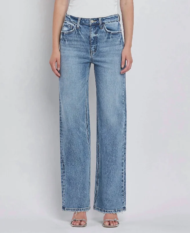 Clare 90's Wide Leg Jeans In Medium Wash Trendy Paperbag Waist Jeans