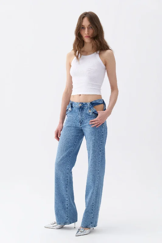 Cut-Out Detailed High Waist Jeans Trendy Button-Up High-Waist Jeans