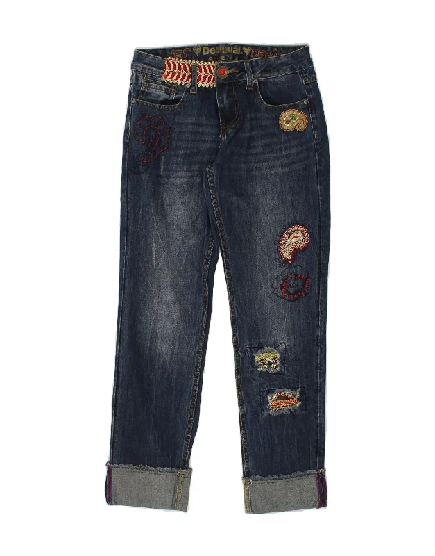 DESIGUAL Womens Graphic Straight Jeans W26 L28 Blue Polyester Trendy Wide-Legged High-Waist Jeans DESIGUAL Womens Graphic Straight Jeans W26 L28 Blue Polyester Trendy Wide-Legged High-Waist Jeans