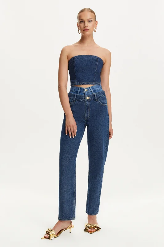 Double Waisted Two Tone Jeans Casual Wide-Legged Denim Jeans