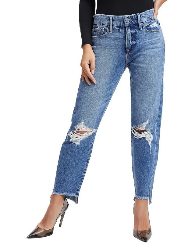 GOOD AMERICAN Good Girlfriend Blue Mid-Rise Jean Elegant Raw Hem Jeans