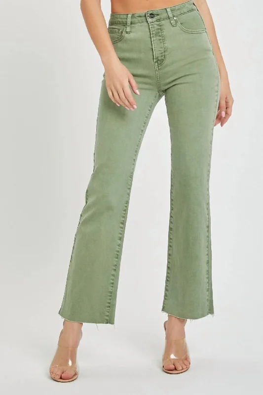 High Rise Raw Hem Straight Leg Jeans In Olive Trendy Patchwork Denim Jeans