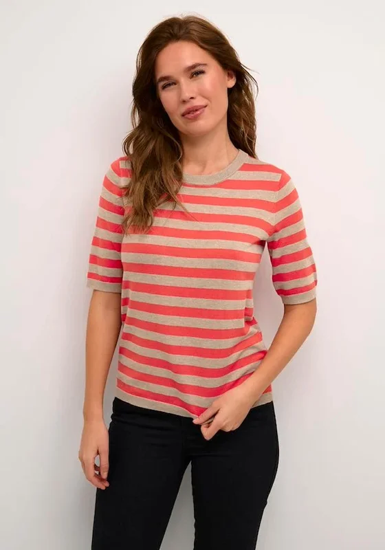 KAFFE Kalizza Stripe Short Sleeve Knit Sweater, Cayenne & Beige Velvet Chenille Corduroy KAFFE Kalizza Stripe Short Sleeve Knit Sweater, Cayenne & Beige Velvet Chenille Corduroy