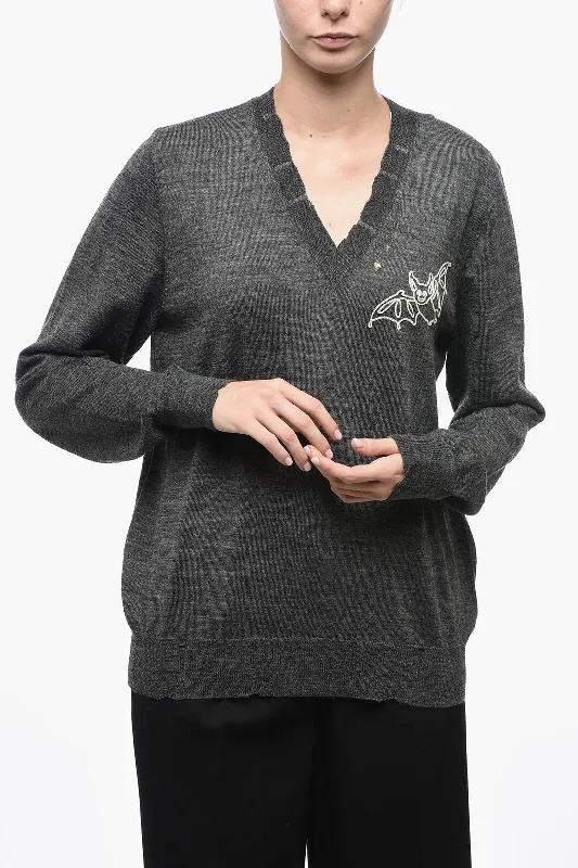 Maison Margiela MM1 Embroidered V-Neck Wool Sweater Notch Collar Peter Pan Collar Cowl Neck Maison Margiela MM1 Embroidered V-Neck Wool Sweater Notch Collar Peter Pan Collar Cowl Neck