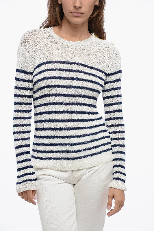 Valentino Crew Neck Sequined Fabric Sweater with Awning Motif Print Jacquard Patchwork Valentino Crew Neck Sequined Fabric Sweater with Awning Motif Print Jacquard Patchwork